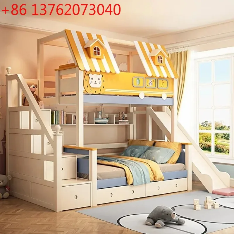 Bunk Bed With Stairs And Slide - Ahşap Çocuk Odası Ranzası, Kaydıraklı ve