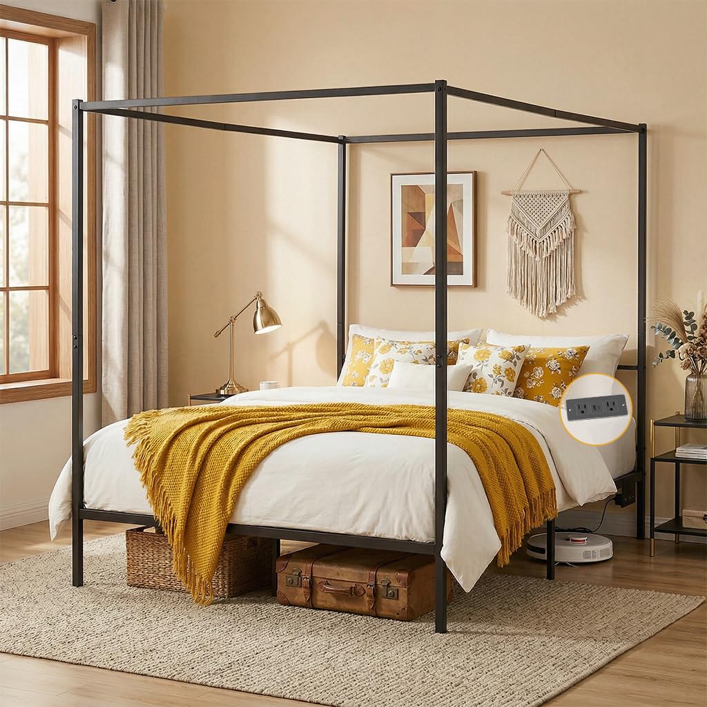 Canopy Bed Frame Metal Queen - Hareketli Şarj İstasyonlu Kraliçe Boy Metal