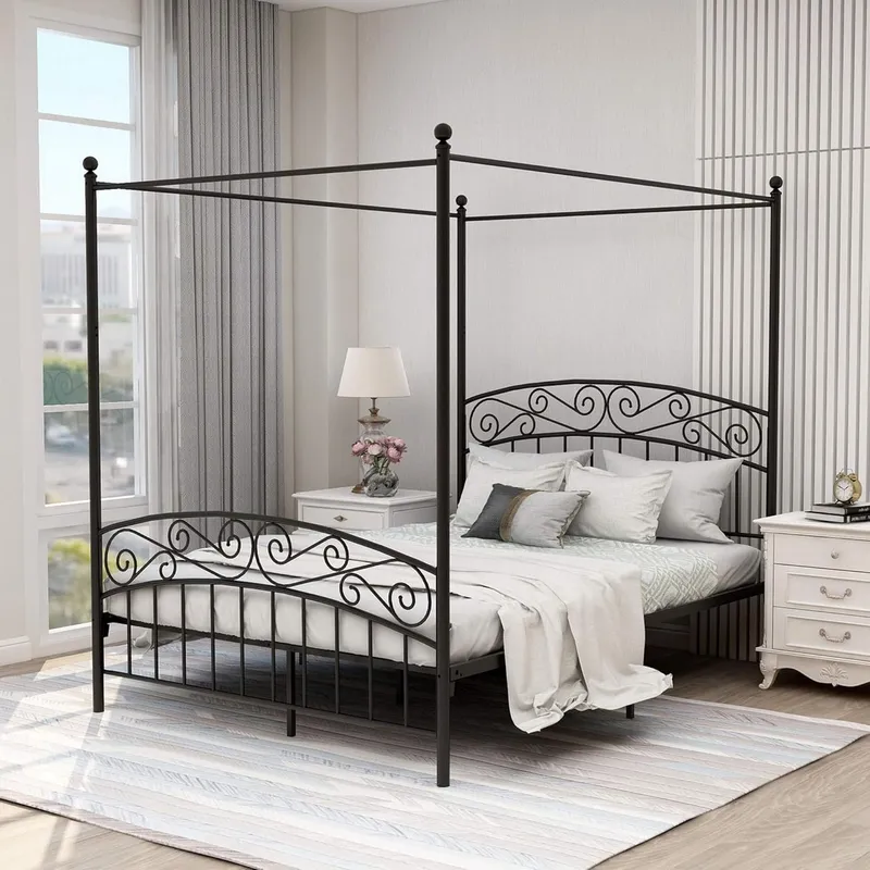 Canopy Bed Frame Metal Queen - Kraliçe Boyutu, Dört Direkli, Metal Yatak