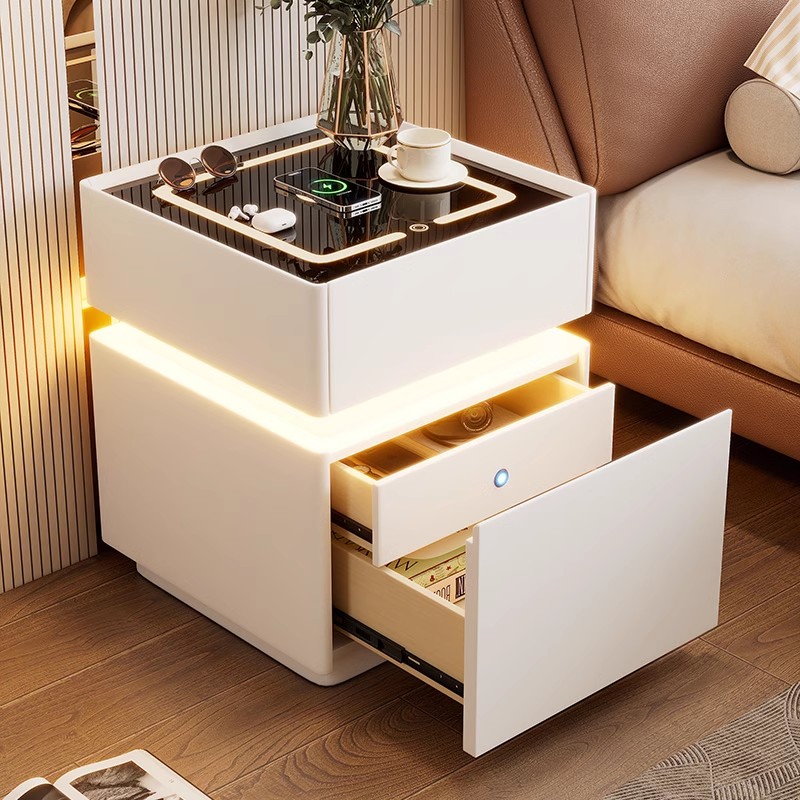 Solid Wood Nightstand 2 Drawers - Akıllı Komodin, Sensörlü Işık, Ahşap Yatak