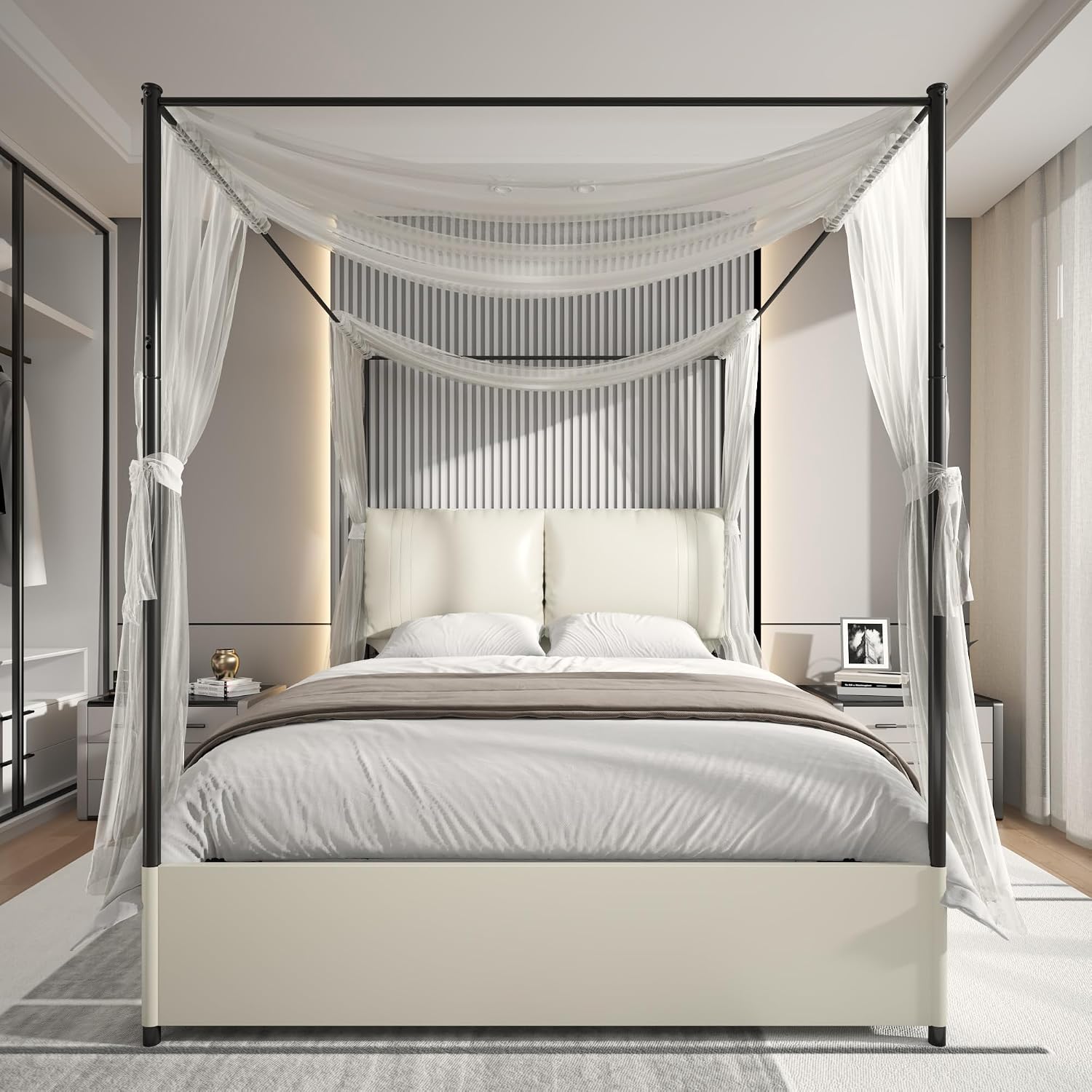 Canopy Bed Frame Metal Queen - Kraliçe Boy Yatak Çerçevesi, Döşemeli Başlık,