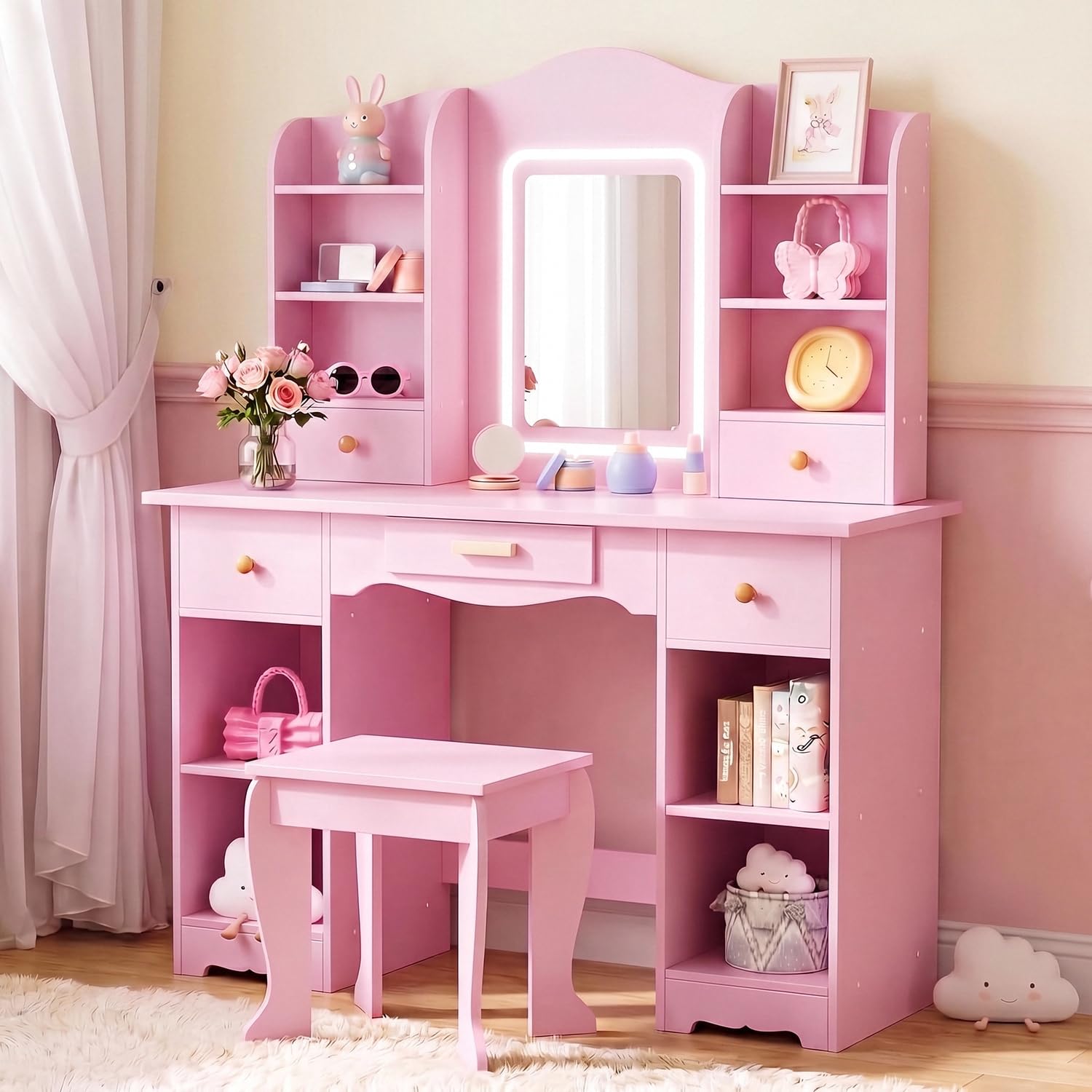 Dressing Table Vanity With Lighted Mirror - 3 Renkli Işıklı Çocuk Makyaj Masası,
