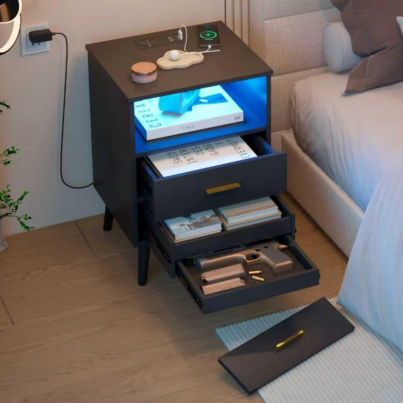 Solid Wood Nightstand 2 Drawers - Çekmeceli Komodin, Şarjlı Başucu Sehpası, USB