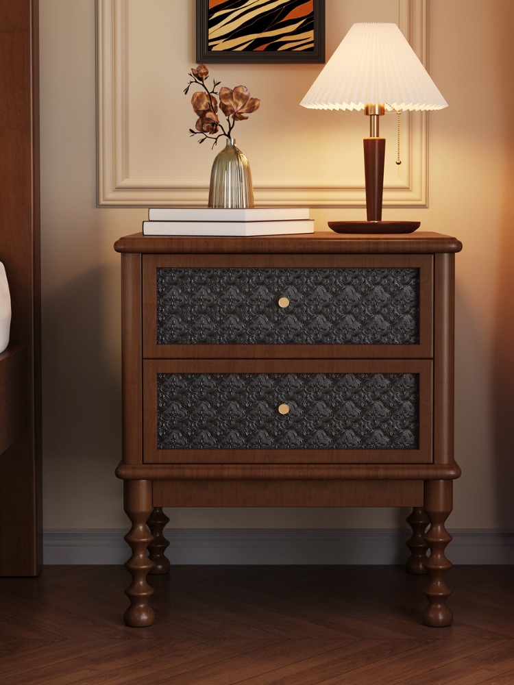 Solid Wood Nightstand 2 Drawers - Vintage Komodinler Baskılı Cam Masif Ahşap