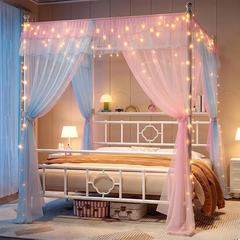 Canopy Bed Frame Metal Queen - Depolama Alanlı Beyaz Metal Kafesli Kraliçe