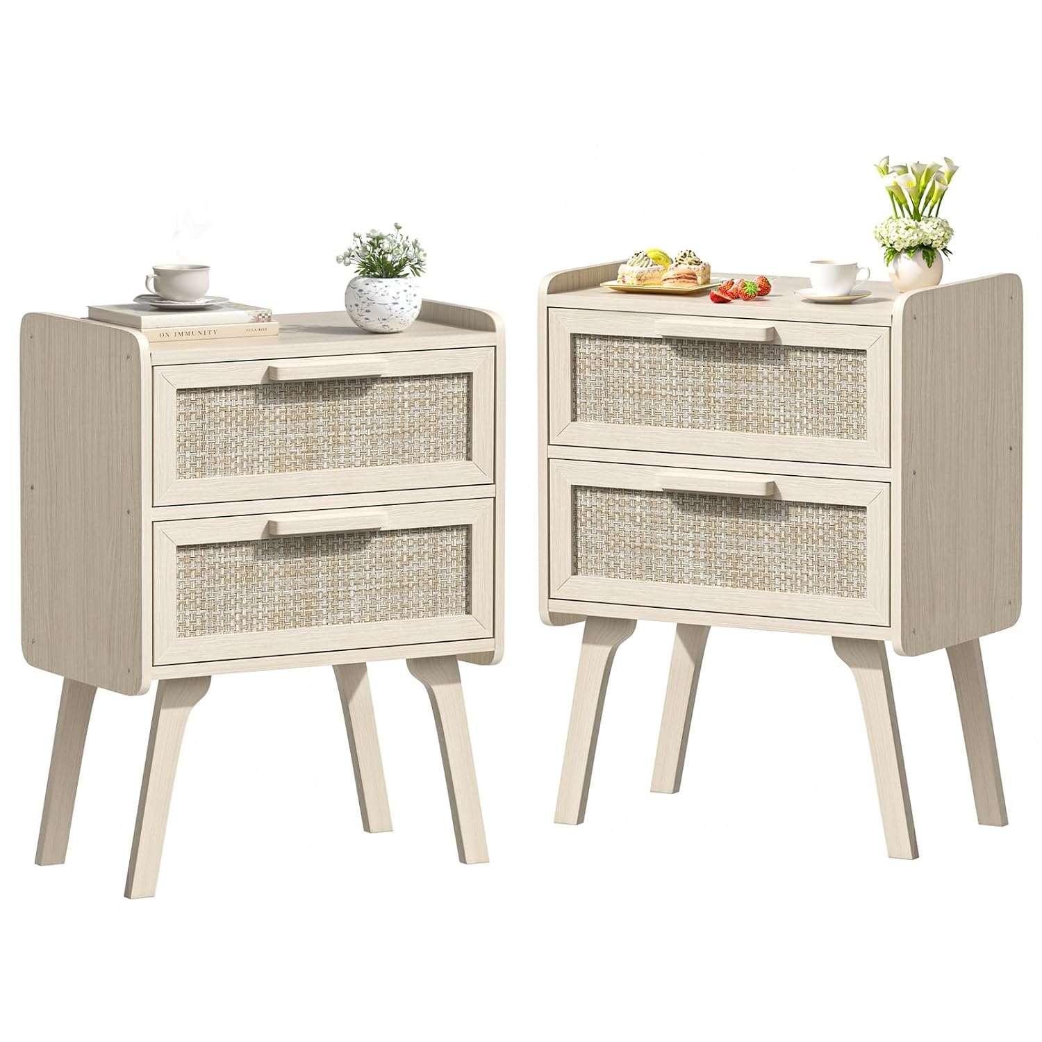 Solid Wood Nightstand 2 Drawers - 2'li Rattan Komodin Seti, 2 Çekmeceli,