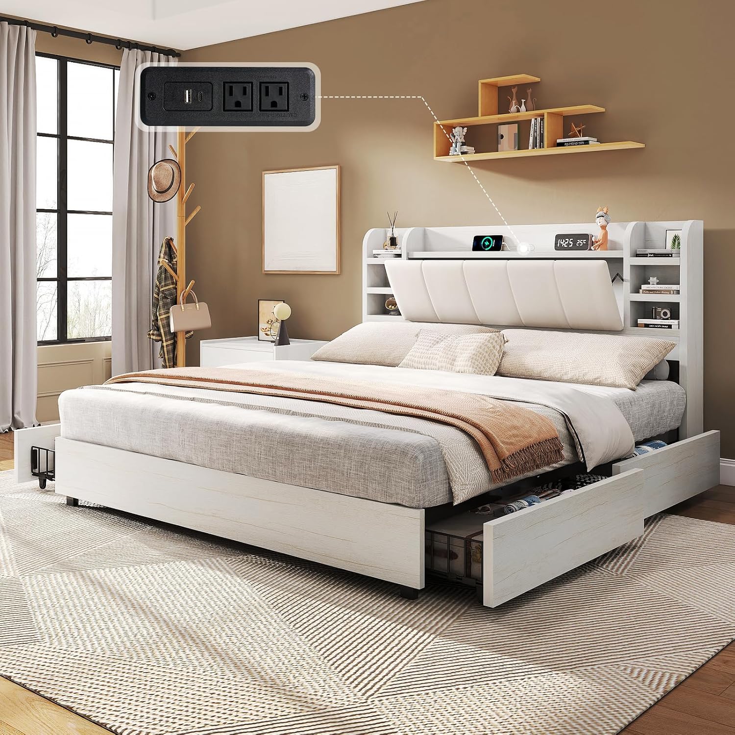 King Size Bed Frame With Storage Drawers - King Size Döşemeli Platform Yatak, Kitaplıklı