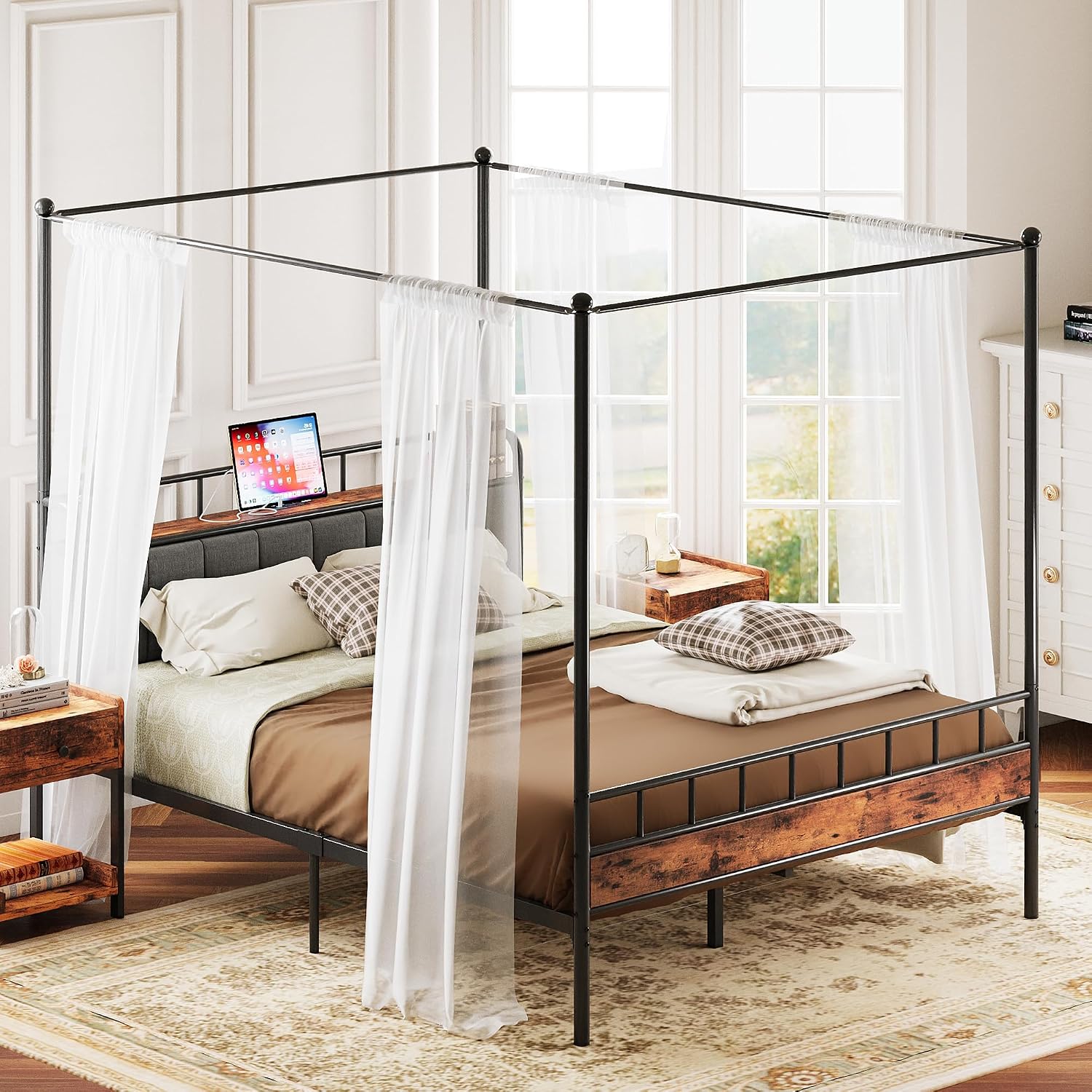 Canopy Bed Frame Metal Queen - Kraliçe Boy Yatak Çerçevesi, Depolama Alanlı