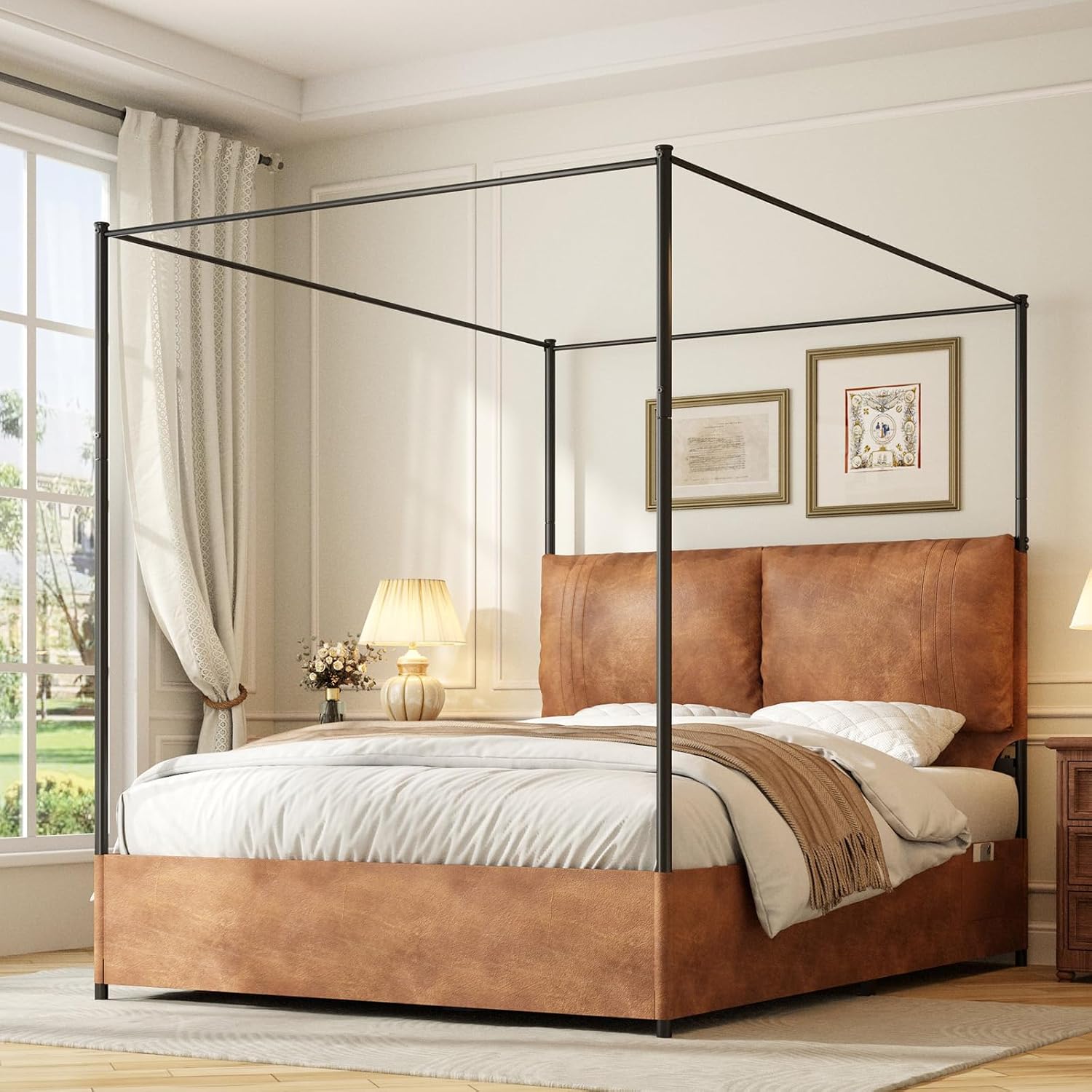 Canopy Bed Frame Metal Queen - Yüksek Döşemeli Suni Deri Başlıklı Kraliçe