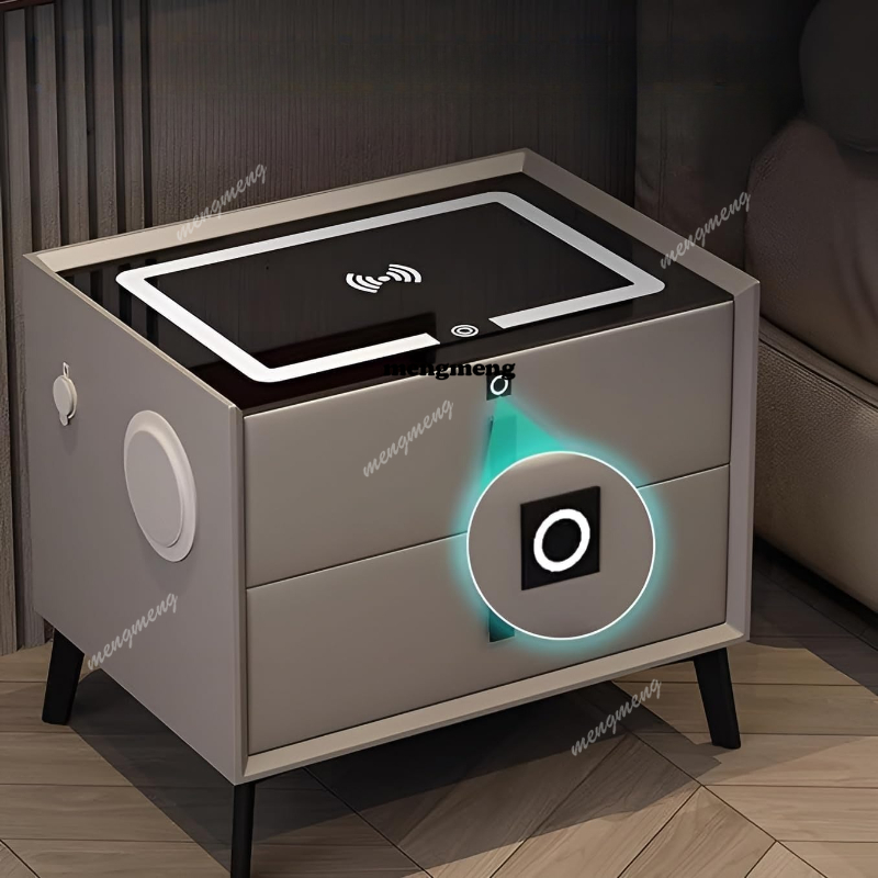 Solid Wood Nightstand 2 Drawers - Masif Ahşap Akıllı Komodin Kablosuz Şarjlı