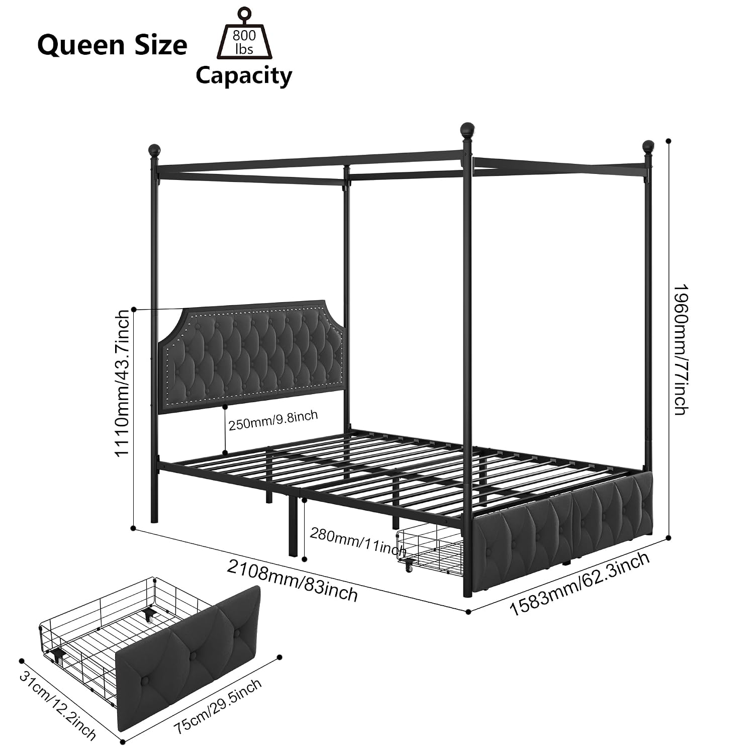 Canopy Bed Frame Metal Queen - Depolama Çekmeceli ve Kapitone Başlıklı Kraliçe