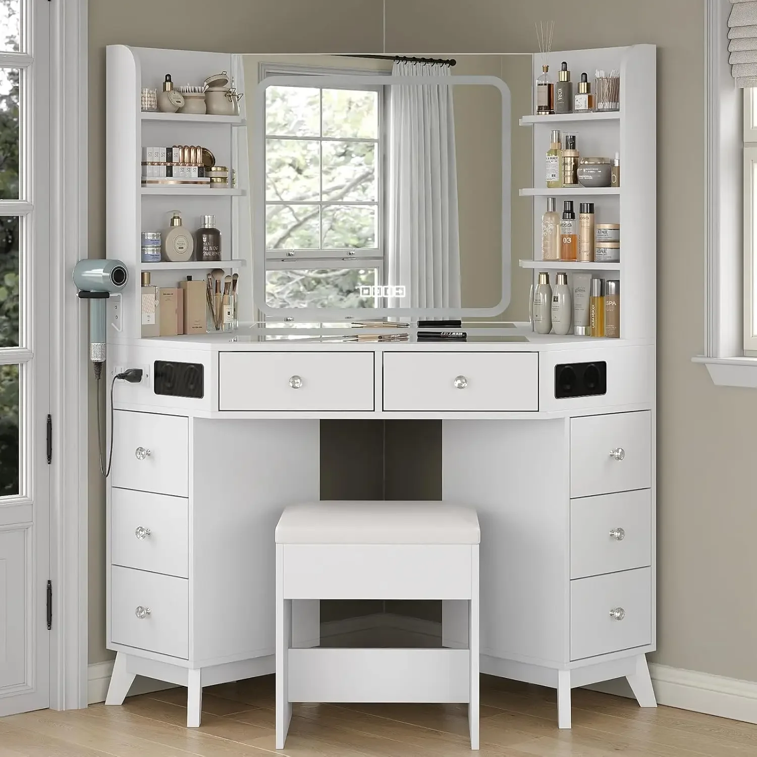Dressing Table Vanity With Lighted Mirror - Köşe Makyaj Masası Hoparlör Çekmeceler Raflar