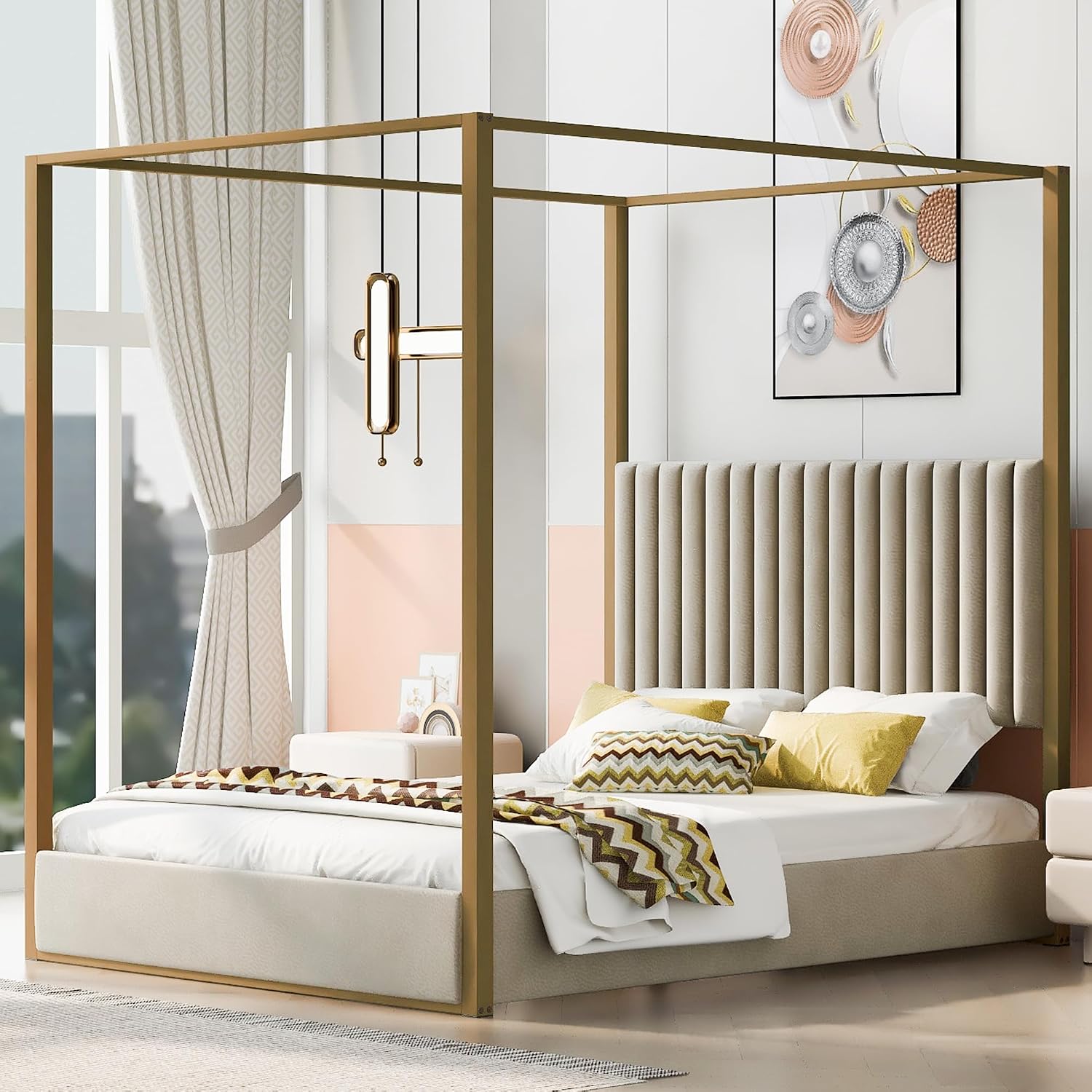 Canopy Bed Frame Metal Queen - Modern Kanopili Platform Yatak, Kraliçe Boy,