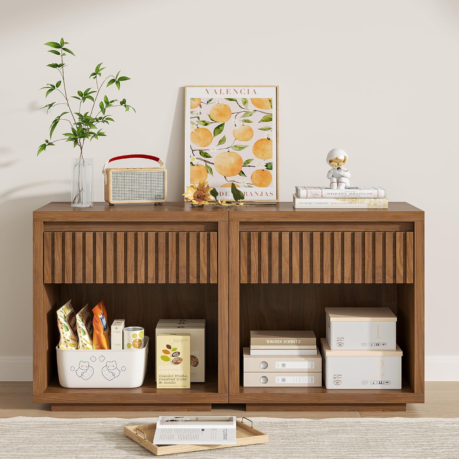 Solid Wood Nightstand 2 Drawers - 2 Çekmeceli, Oluklu Tasarımlı Komodin Takımı