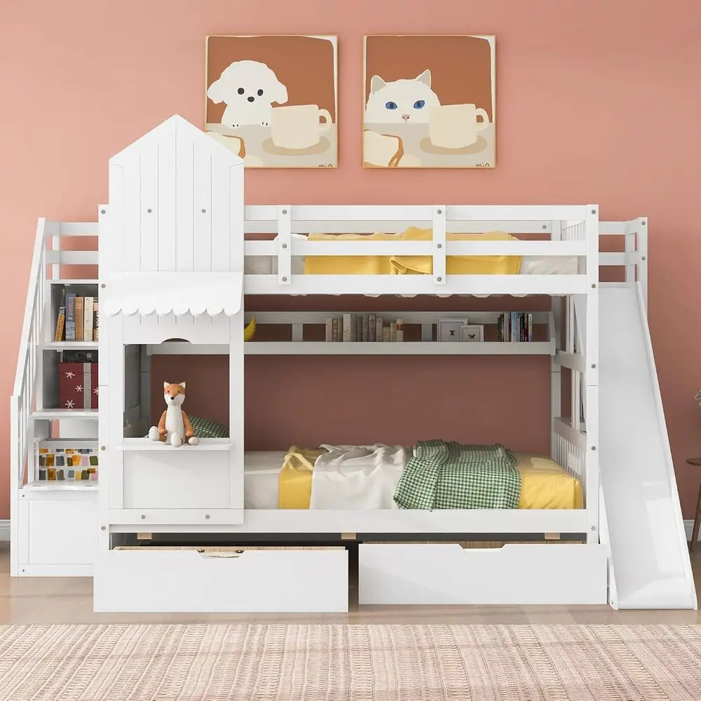 Bunk Bed With Stairs And Slide - Beyaz Çocuk Ranzası, Kaydıraklı ve Depolama