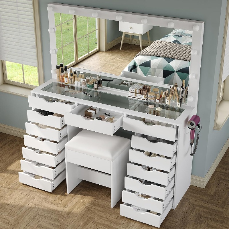 Dressing Table Vanity With Lighted Mirror - Yanosaku Aynalı ve Işıklı Makyaj Masası,