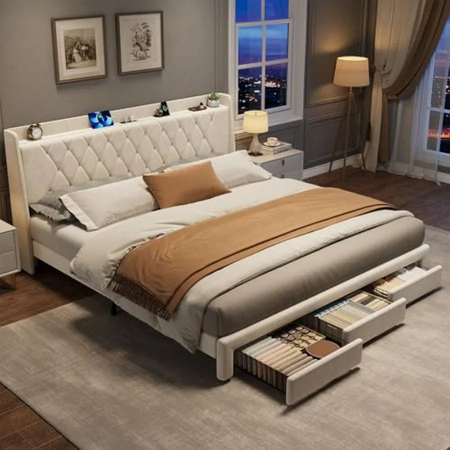 King Size Bed Frame With Storage Drawers - Kristal işlemeli başlığı, 3 adet çekmecesi