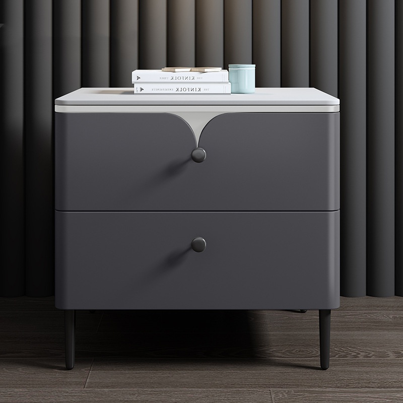 Solid Wood Nightstand 2 Drawers - Modern Ahşap Komodin, Sinterlenmiş Taş Üst