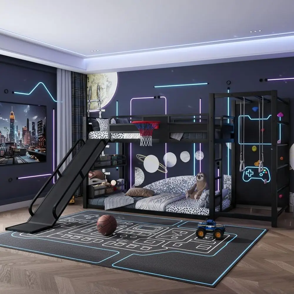 Bunk Bed With Stairs And Slide - İkiz Metal Ranza Yatak, Basketbol Potası,