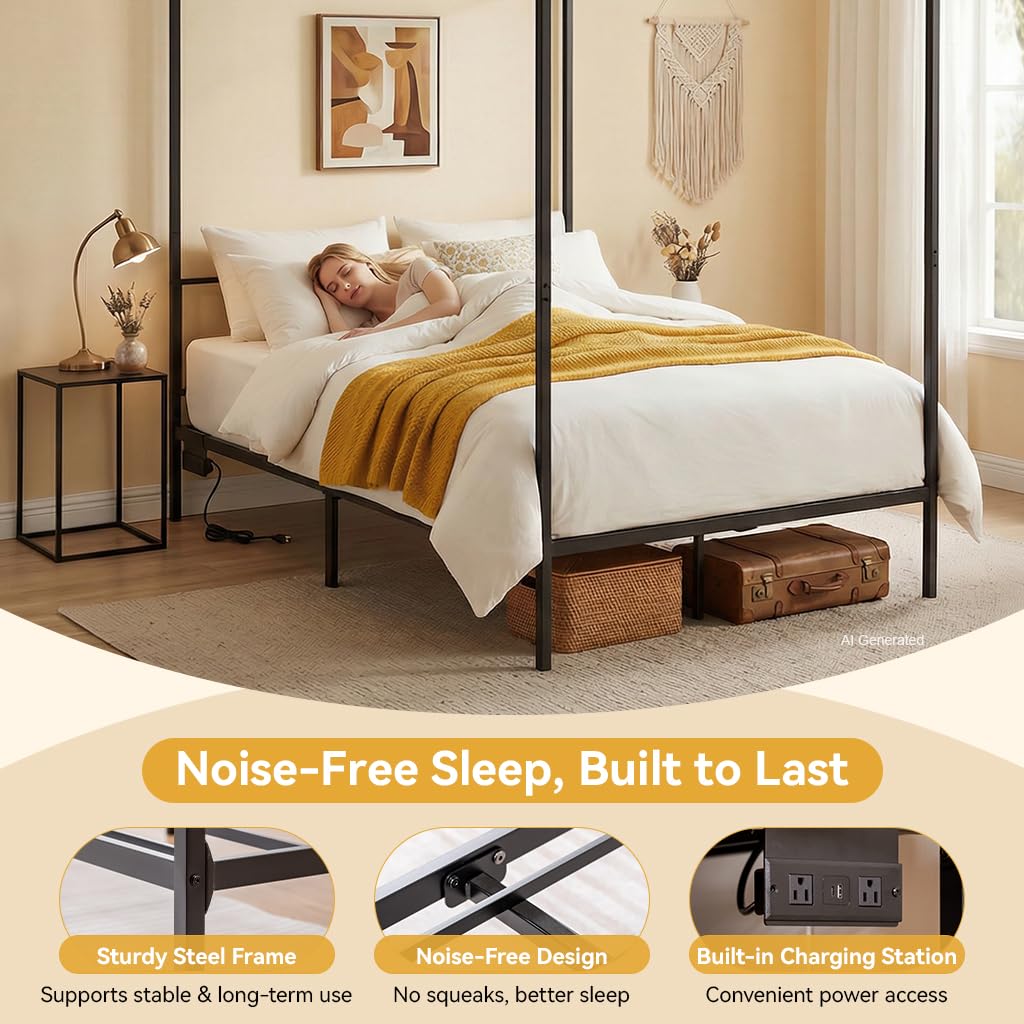 Hareketli Şarj İstasyonlu Kral - Canopy Bed Frame Metal Queen incelemesi ve fiyatı