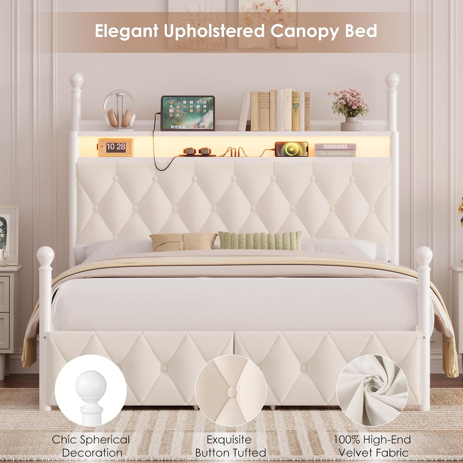 Kraliçe Boy LED Işıklı Çerçeve - Canopy Bed Frame Metal Queen incelemesi ve fiyatı