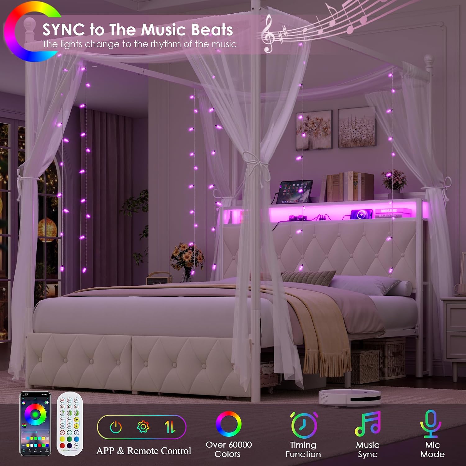 Kraliçe Boy LED Işıklı Çerçeve - Canopy Bed Frame Metal Queen incelemesi ve fiyatı