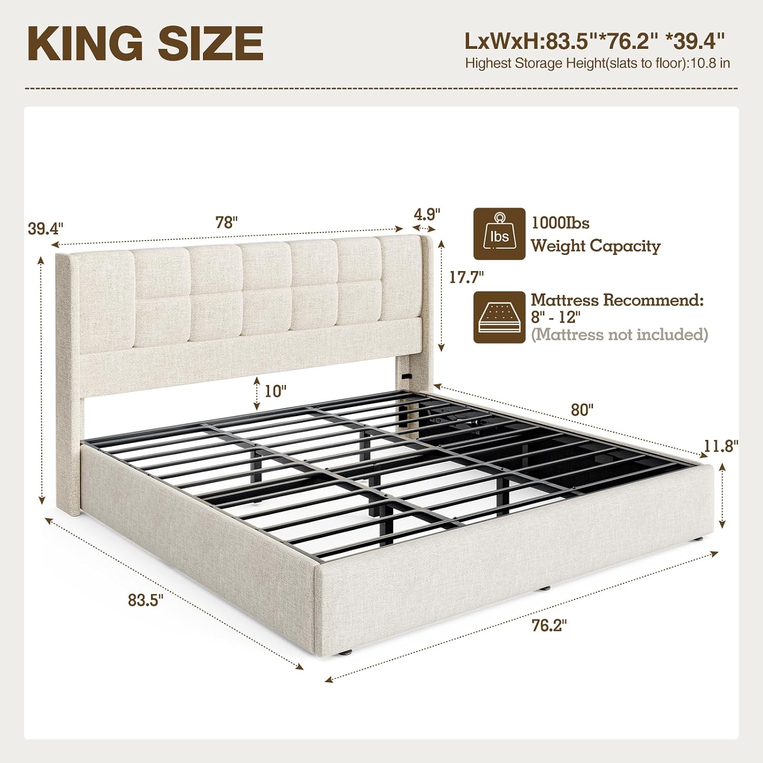 Keten Döşemeli King Boy Yatak  - Gas Lift Storage Bed Hydraulic incelemesi ve fiyatı