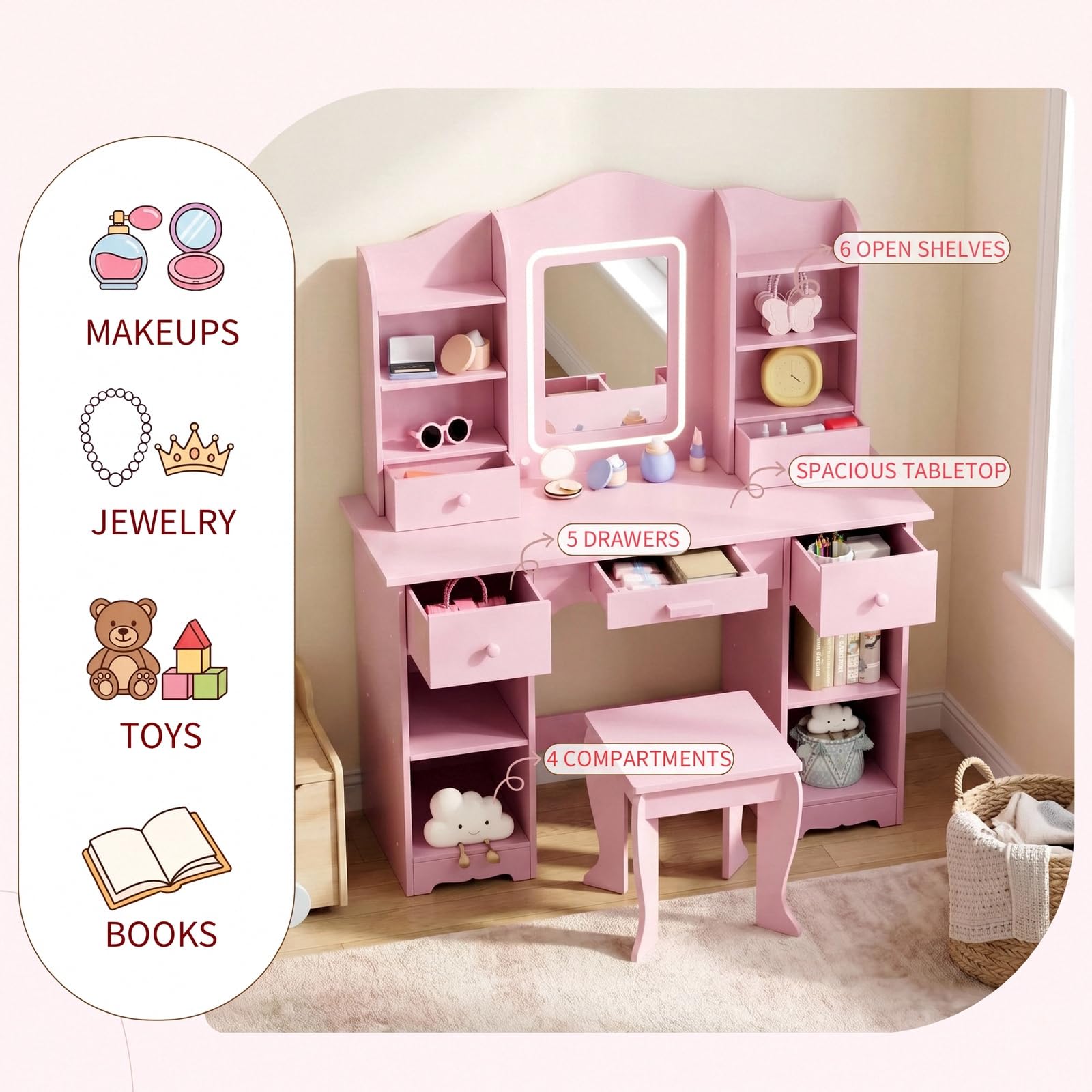 3 Renkli Işıklı Çocuk Makyaj M - Dressing Table Vanity With Lighted Mirror incelemesi ve fiyatı