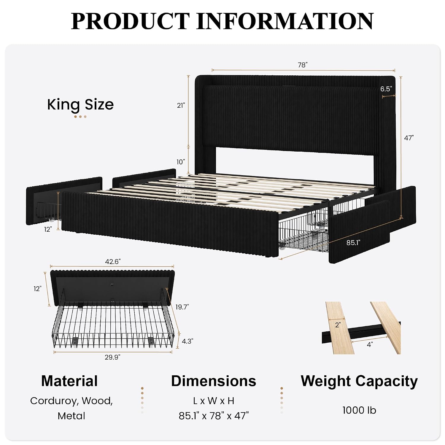 King Size Yatak Çerçevesi, 4 B - King Size Bed Frame With Storage Drawers incelemesi ve fiyatı