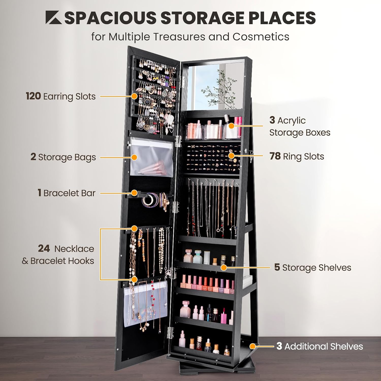 Siyah Ayaklı Kilitlenebilir 36 - Full Length Mirror Jewelry Armoire incelemesi ve fiyatı