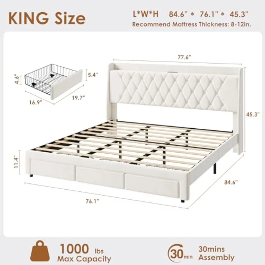 Kristal işlemeli başlığı, 3 ad - King Size Bed Frame With Storage Drawers incelemesi ve fiyatı